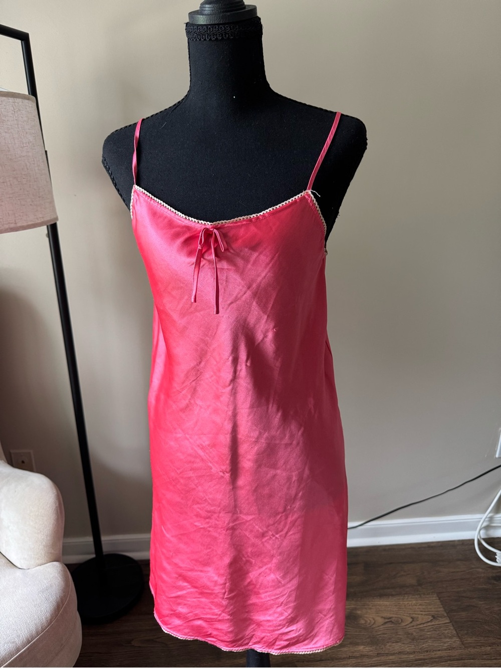 Jaclyn Smith Pink Satin Slip Chemise with Lace Trim